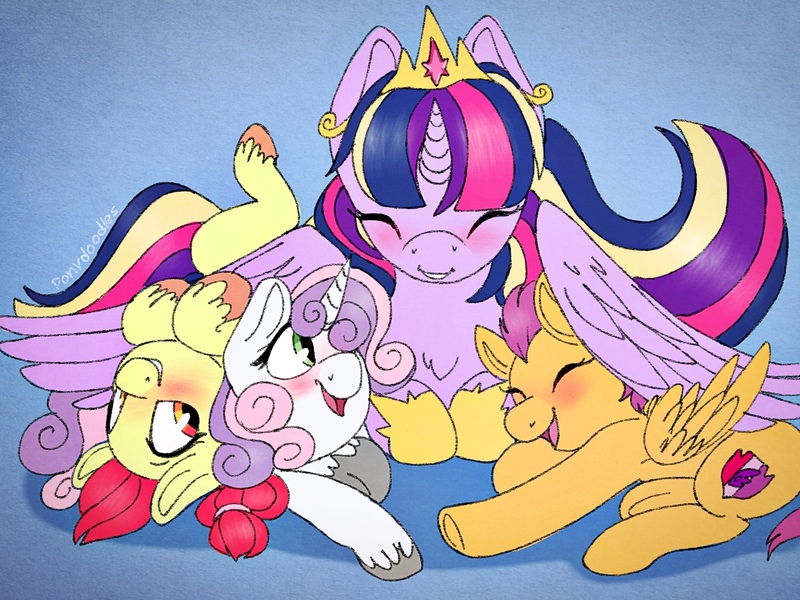 Size: 2048x1536 | Tagged: safe, artist:incendiaryboobs, derpibooru import, apple bloom, scootaloo, sweetie belle, twilight sparkle, twilight sparkle (alicorn), alicorn, earth pony, pegasus, pony, unicorn, blushing, cutie mark crusaders, female, filly, hug, mare, smiling, winghug