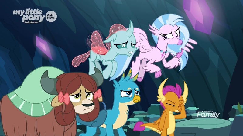 Size: 1920x1080 | Tagged: safe, derpibooru import, screencap, gallus, ocellus, silverstream, smolder, yona, changedling, changeling, classical hippogriff, dragon, gryphon, hippogriff, yak, uprooted, facepalm