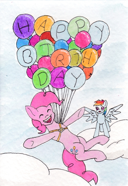 Size: 1316x1904 | Tagged: safe, artist:tunrae, derpibooru import, pinkie pie, rainbow dash, pony, balloon, birthday, card, floating, harness, ink drawing, surprised, tack, then watch her balloons lift her up to the sky, traditional art