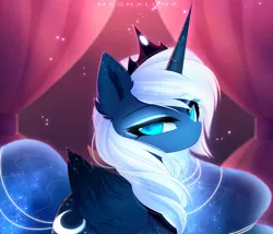 Size: 3333x2859 | Tagged: safe, artist:magnaluna, derpibooru import, princess luna, alicorn, pony, alternate design, bust, butt fluff, colored pupils, colored wings, crown, curtains, cute, ear fluff, ethereal mane, eye clipping through hair, eyebrows visible through hair, female, folded wings, gradient wings, jewelry, lidded eyes, lunabetes, mare, regalia, solo, starry mane, starry wings, wings