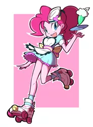 Size: 1400x1900 | Tagged: safe, artist:rvceric, derpibooru import, pinkie pie, coinky-dink world, eqg summertime shorts, equestria girls, clothes, cute, diapinkes, dress, female, looking at you, milkshake, open mouth, ponytail, roller skates, server pinkie pie, skirt, socks, solo, waitress