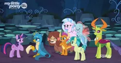 Size: 1983x1041 | Tagged: safe, derpibooru import, screencap, gallus, ocellus, sandbar, silverstream, smolder, thorax, twilight sparkle, twilight sparkle (alicorn), yona, alicorn, changedling, changeling, classical hippogriff, dragon, earth pony, gryphon, hippogriff, pony, yak, uprooted, bow, cave, cave of harmony, cloven hooves, colored hooves, cropped, dragoness, female, flying, hair bow, jewelry, king thorax, male, monkey swings, necklace, permission slip, student six, teenager