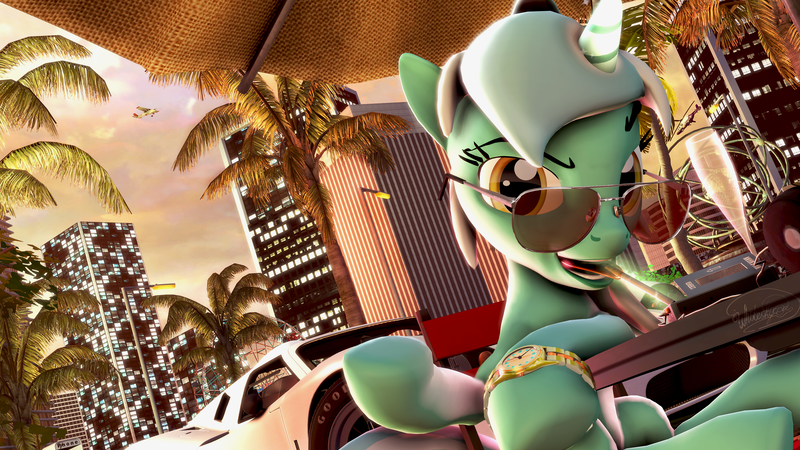 Size: 3840x2160 | Tagged: safe, artist:whiteskyline, derpibooru import, lyra heartstrings, pony, 3d, car, city, fear and loathing in las vegas, ford gt, glass, helicopter, hunter s. thompson, palm tree, plane, solo, source filmmaker, sunglasses, tree, walkman, watch