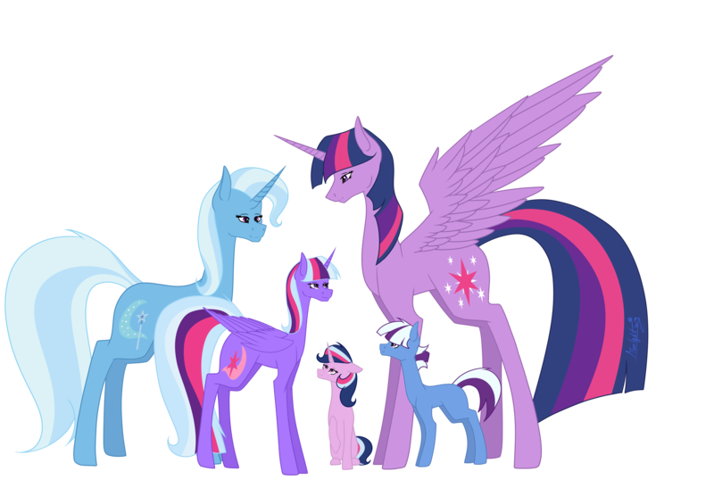 Size: 5669x3873 | Tagged: safe, artist:moonlight0shadow0, derpibooru import, trixie, twilight sparkle, twilight sparkle (alicorn), oc, oc:aurora, oc:nebula, oc:sparkle magic, alicorn, pony, family, female, lesbian, magical lesbian spawn, offspring, parent:trixie, parent:twilight sparkle, parents:twixie, shipping, twixie