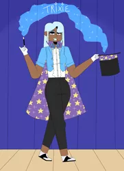 Size: 1280x1766 | Tagged: alternate hairstyle, artist:furawagal, clothes, dark skin, derpibooru import, ear piercing, earring, eyeshadow, female, gloves, gold tooth, hat, human, humanized, jewelry, lipstick, magician outfit, makeup, piercing, safe, stage, stars, top hat, trixie, wand