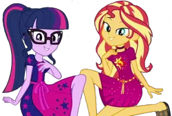 Size: 2048x1384 | Tagged: safe, artist:superbobiann, derpibooru import, edit, edited screencap, editor:superbobiann, screencap, sci-twi, sunset shimmer, twilight sparkle, equestria girls, equestria girls series, i'm on a yacht, spoiler:eqg series (season 2), background removed, choker, duo, female, geode of empathy, glasses, hand on chest, looking at you, magical geodes, simple background, smiling, transparent background