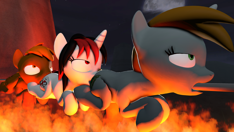 Size: 3840x2160 | Tagged: semi-grimdark, artist:awgear, derpibooru import, oc, oc:blackjack, oc:calamity, oc:littlepip, pegasus, pony, unicorn, fallout equestria, fallout equestria: project horizons, fanfic, 3d, all the way through, cooking, cooking vore, corpse, dashite, dead, death, fallout, fanfic art, female, fire, food, hooves, horn, horse meat, impalement, implied cannibalism, implied vore, literal spitroast, male, mare, meat, moon, night, night sky, pony as food, roast, sky, stallion, stars, wings