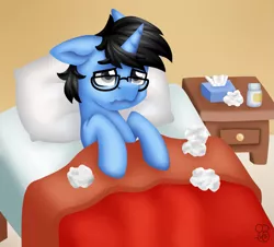 Size: 1131x1024 | Tagged: safe, artist:sabrib, derpibooru import, oc, oc:tinker doo, unofficial characters only, pony, unicorn, bed, glasses, male, sick, solo, tissue, tissue box