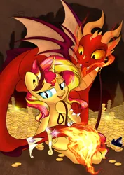 Size: 3508x4961 | Tagged: safe, artist:saralien, derpibooru import, sunset shimmer, dragon, pony, collar, crown, fin, fire, implied princess celestia, implied princess luna, implied princess twilight, jewelry, leash, regalia, slit pupils, treasure