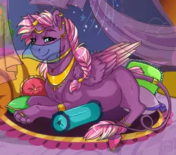 Size: 1280x1124 | Tagged: safe, artist:ali-selle, derpibooru import, oc, oc:lightning starlight, unofficial characters only, alicorn, pony, alicorn oc, clothes, horn, leonine tail, lion paws, misleading thumbnail, pillow, pony hybrid, saddle arabia, see-through, veil, wings