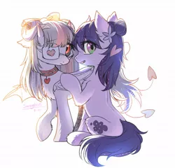 Size: 1280x1228 | Tagged: safe, artist:swaybat, derpibooru import, oc, unofficial characters only, earth pony, pony, collar, duo, duo female, eyepatch, female, heart, horns, looking at you, simple background, white background