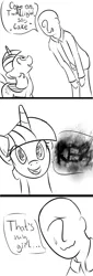 Size: 1626x4800 | Tagged: safe, artist:yukkuripalehorse, derpibooru import, twilight sparkle, twilight sparkle (alicorn), oc, oc:anon, alicorn, human, pony, /mlp/, 4chan, comic, dialogue, monochrome, the pony machine learning project