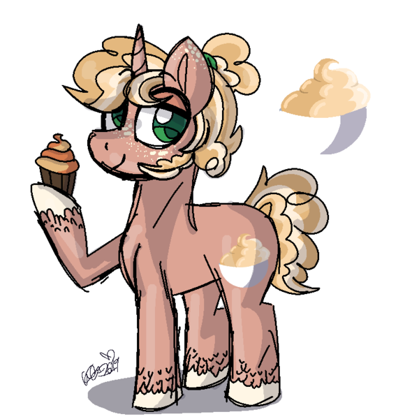 Size: 768x768 | Tagged: safe, artist:awoomarblesoda, derpibooru import, oc, oc:frozen yogurt, pony, unicorn, cupcake, food, male, offspring, parent:big macintosh, parent:sugar belle, parents:sugarmac, simple background, solo, stallion, transparent background