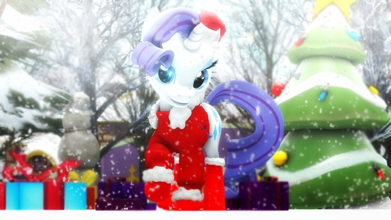 Size: 1920x1080 | Tagged: safe, artist:chocokumiko, derpibooru import, rarity, pony, 3d, christmas, christmas lights, christmas ornament, christmas tree, clothes, commission, costume, decoration, hat, holiday, present, santa costume, santa hat, snow, snowfall, solo, source filmmaker, tree