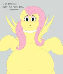 Size: 2500x2910 | Tagged: suggestive, artist:lupin quill, derpibooru import, fluttershy, pegasus, pony, asking for it, bedroom eyes, belly, belly button, big belly, blushing, choker, chokershy, chubby, chubby cheeks, dialogue, double chin, eyeshadow, fat, fattershy, feedee, female, jewelry, looking at you, makeup, mare, open mouth, propositioning, simple background, sluttershy, solo, solo female, spread wings, stuffed, this will end in weight gain, until the choker breaks, wings