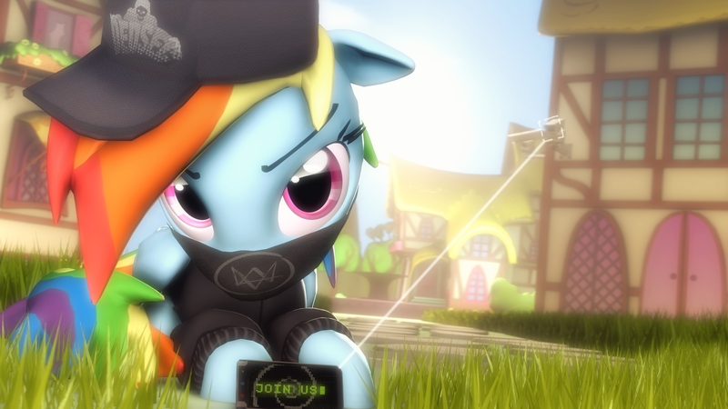 Size: 3840x2159 | Tagged: safe, artist:selestlight, derpibooru import, rainbow dash, pony, 3d, baseball cap, cap, crossover, hat, ponyville, solo, source filmmaker, watch dogs