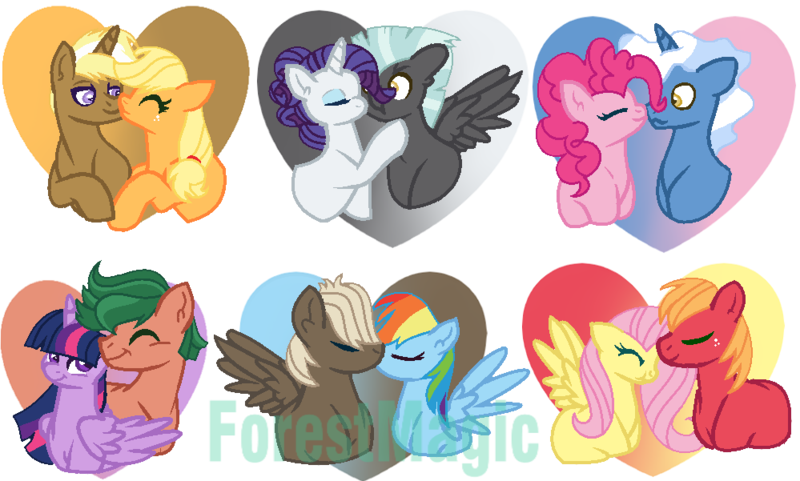 Size: 999x601 | Tagged: safe, artist:princessforestmagic, derpibooru import, applejack, big macintosh, dumbbell, fluttershy, pinkie pie, pokey pierce, rainbow dash, rarity, sci-twi, thunderlane, timber spruce, trenderhoof, twilight sparkle, twilight sparkle (alicorn), alicorn, pony, equestria girls, dumbdash, female, fluttermac, male, mane six, pokeypie, rarilane, shipping, straight, timbertwi, trenderjack