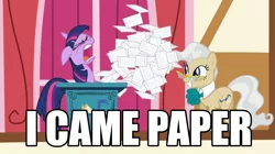 Size: 1920x1072 | Tagged: suggestive, derpibooru import, edit, edited screencap, screencap, mayor mare, twilight sparkle, earth pony, pony, unicorn, applebuck season, artifact, caption, cyoar, female, i came, image macro, implied orgasm, mare, meme, paper, text, unicorn twilight