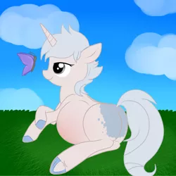 Size: 1280x1280 | Tagged: safe, artist:preggyponies-4u, derpibooru import, oc, oc:frosty cream, butterfly, pony, unicorn, belly, big belly, cute, female, grass, kicking, mare, outdoors, pregnant