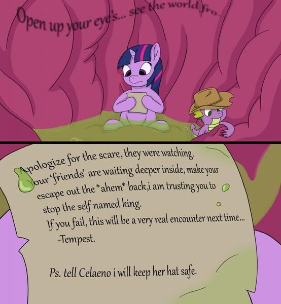 Size: 1182x1280 | Tagged: questionable, artist:bur', derpibooru import, spike, twilight sparkle, dragon, pony, comic:tempest cage, applejack's hat, cowboy hat, dialogue, endosoma, female, fetish, hat, internal massage, male, mare, micro, mucous, mucus, multiple prey, non-fatal vore, note, open up your eyes, preylight, spikeprey, stomach, stomach acid, stomach walls, tempred, troyan horse, vore