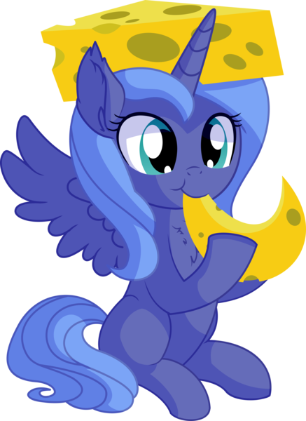 Size: 5656x7762 | Tagged: safe, artist:cyanlightning, derpibooru import, princess luna, alicorn, pony, .svg available, absurd resolution, cheese, cheese hat, cheesehead, chest fluff, cute, ear fluff, eating, female, filly, food, hat, lunabetes, precious, simple background, sitting, solo, spread wings, transparent background, vector, wings, woona, younger