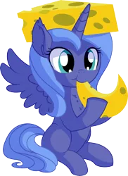 Size: 5656x7762 | Tagged: safe, artist:cyanlightning, derpibooru import, princess luna, alicorn, pony, .svg available, absurd resolution, cheese, cheese hat, cheesehead, chest fluff, cute, ear fluff, eating, female, filly, food, hat, lunabetes, precious, simple background, sitting, solo, spread wings, transparent background, vector, wings, woona, younger