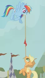 Size: 1560x2683 | Tagged: safe, composite screencap, derpibooru import, edit, edited screencap, screencap, applejack, rainbow dash, earth pony, pegasus, pony, fall weather friends, cheating, competition, flag, flying, hanging, mouth hold, panorama, rope, tug of war