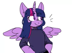 Size: 1218x900 | Tagged: alicorn, anthro, artist:scenesonic, clothes, colored pupils, derpibooru import, ear fluff, eyebrows visible through hair, female, safe, simple background, solo, sweater, twilight sparkle, twilight sparkle (alicorn), white background