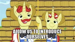 Size: 800x449 | Tagged: allow us to introduce ourselves, caption, derpibooru import, duo, edit, edited screencap, flam, flim, flim flam brothers, image macro, meme, safe, screencap, text, the super speedy cider squeezy 6000, veggietales
