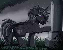 Size: 2950x2350 | Tagged: safe, artist:pridark, derpibooru import, oc, unofficial characters only, alicorn, pony, alicorn oc, cemetery, commission, crying, grass, gravestone, horn, male, rain, solo, tree, wings