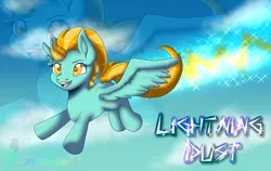 Size: 1124x711 | Tagged: safe, artist:sonleeforever5, derpibooru import, lightning dust, pegasus, pony, cloud, cute, dustabetes, female, flying, lightning, mare, open mouth, reflection, sky, smiling, solo, sparkles, wings, zoom layer