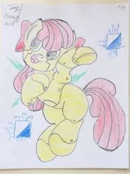 Size: 1500x2000 | Tagged: safe, artist:jerrykenway, derpibooru import, apple bloom, pony, robot, robot pony, apple bloom bot, bow, chips, female, filly, food, traditional art, wrong eye color