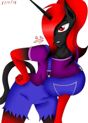 Size: 1800x2520 | Tagged: anthro, anthro oc, artist:rockleerocks77, bent over, clothes, derpibooru import, gradient mane, needs more saturation, oc, oc:queen haiku, overalls, red and black oc, safe, seductive, sexy, simple background, skintight clothes, transparent background