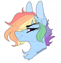 Size: 664x684 | Tagged: safe, artist:sleepymangos, derpibooru import, part of a set, rainbow dash, pony, bust, chest fluff, ear fluff, eyebrows visible through hair, female, looking at you, mare, narrowed eyes, profile, simple background, smiling, solo, white background