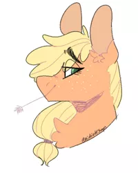 Size: 586x733 | Tagged: safe, artist:sleepymangos, derpibooru import, part of a set, applejack, pony, bust, chest fluff, ear fluff, eye clipping through hair, eyebrows visible through hair, female, freckles, hay stalk, looking at you, mare, profile, simple background, smiling, solo, straw in mouth, white background