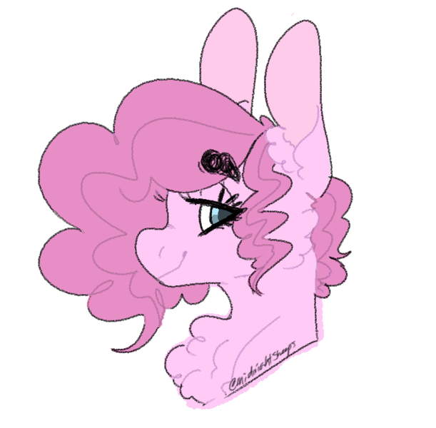 Size: 687x675 | Tagged: safe, artist:sleepymangos, derpibooru import, part of a set, pinkie pie, pony, bust, chest fluff, ear fluff, female, lidded eyes, looking at you, mare, profile, simple background, smiling, solo, thick eyebrows, white background