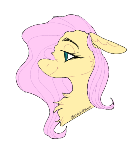 Size: 743x786 | Tagged: safe, artist:sleepymangos, derpibooru import, part of a set, fluttershy, pony, bust, cheek fluff, chest fluff, female, floppy ears, lidded eyes, mare, profile, simple background, smiling, solo, white background