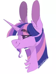 Size: 508x668 | Tagged: safe, artist:sleepymangos, derpibooru import, part of a set, twilight sparkle, pony, beard, big ears, bust, chest fluff, ear fluff, eye clipping through hair, facial hair, female, lidded eyes, mare, profile, simple background, smiling, solo, white background