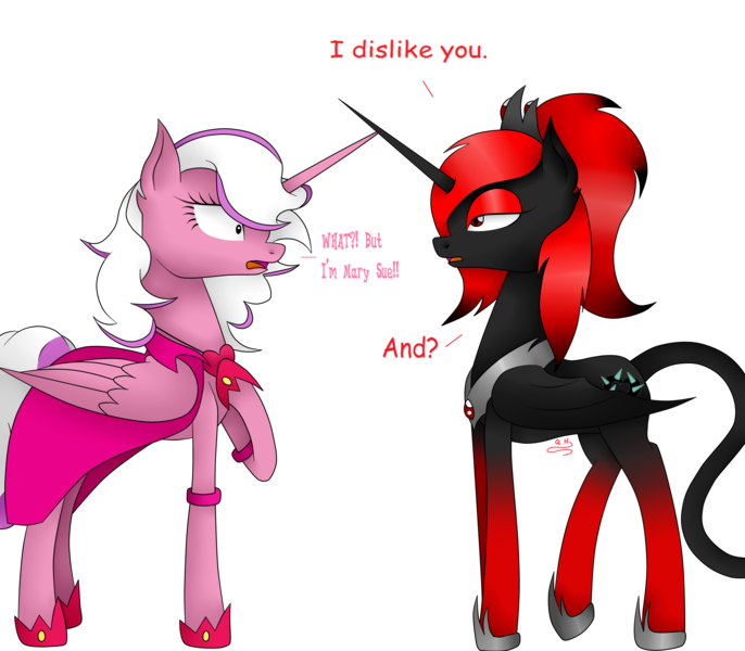 Size: 2880x2520 | Tagged: safe, artist:rockleerocks77, derpibooru import, oc, oc:mary sue, oc:queen haiku, alicorn, pony, alicorn oc, dialogue, donut steel, feline tail, gradient legs, gradient mane, horn, jewelry, not impressed, pot to kettle, red and black oc, regalia, simple background, transparent background, wings