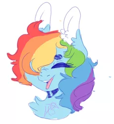 Size: 948x1031 | Tagged: safe, artist:sleepymangos, derpibooru import, rainbow dash, pony, alternate hairstyle, beanbrows, bust, chest fluff, colored ears, ear fluff, eyebrows, eyes closed, female, hair over one eye, happy, mare, open mouth, simple background, solo, white background