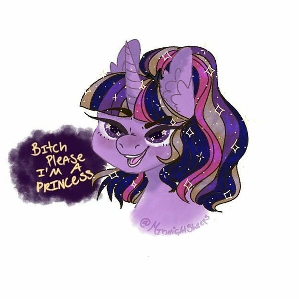 Size: 626x626 | Tagged: safe, artist:sleepymangos, derpibooru import, twilight sparkle, twilight sparkle (alicorn), alicorn, pony, bitch please, bust, ear fluff, ethereal mane, eyebrows visible through hair, female, jewelry, mare, open mouth, rainbow power, raised eyebrow, simple background, solo, speech bubble, starry eyes, starry mane, tiara, vulgar, white background, wingding eyes