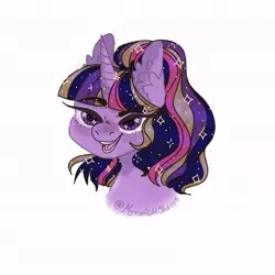 Size: 617x617 | Tagged: safe, alternate version, artist:sleepymangos, derpibooru import, twilight sparkle, twilight sparkle (alicorn), alicorn, pony, bust, ear fluff, ethereal mane, eyebrows visible through hair, female, jewelry, mare, older, older twilight, open mouth, rainbow power, raised eyebrow, simple background, solo, starry eyes, starry mane, tiara, white background, wingding eyes