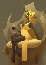 Size: 2480x3508 | Tagged: absolute cleavage, alcohol, anthro, armpits, artist:underpable, breasts, changeling, changeling oc, changeling queen, changeling queen oc, cleavage, clothes, crossed legs, derpibooru import, dress, erect nipples, fangs, female, glass, looking at you, nipple outline, oc, oc:deciduous, sitting, solo, solo female, suggestive, throne, unguligrade anthro, unofficial characters only, wine, wine glass, yellow changeling, yellow dress, yellow eyes, yellow hair