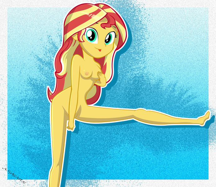 Size: 1041x900 | Tagged: questionable, artist:charliexe, artist:ngrycritic, derpibooru import, sunset shimmer, equestria girls, barefoot, breasts, covering, feet, female, looking at you, nipples, nudity, on one leg, practitioner of naturism, silly human, small feet, solo, solo female, style emulation, tongue out