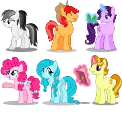 Size: 2001x1964 | Tagged: safe, artist:tacos67, derpibooru import, oc, oc:amethyst, oc:applesnap, oc:flitterbloom, oc:lightning storm, oc:sunrise dazzle, oc:sweetie hearts, earth pony, pegasus, pony, unicorn, book, bow, female, male, mare, not pinkie pie, simple background, stallion, transparent background