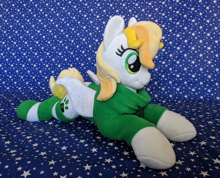 Size: 2283x1851 | Tagged: safe, artist:burgunzik, derpibooru import, oc, oc:dandelion blossom, pegasus, pony, clothes, female, irl, mare, photo, plushie, prone, solo, sweater