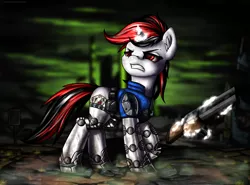 Size: 3000x2222 | Tagged: safe, artist:shido-tara, derpibooru import, oc, oc:blackjack, unofficial characters only, cyborg, pony, unicorn, fallout equestria, fallout equestria: project horizons, angry, cyber legs, fanfic art, female, gun, level 1 (project horizons), magic, mare, shotgun, solo, standing, telekinesis, weapon