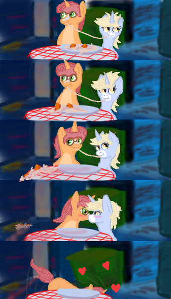 Size: 391x681 | Tagged: artist:torpy-ponius, derpibooru import, food, gametaz, kissing, lady and the tramp, oc, oc x oc, pasta, safe, shipping, spaghetti, unofficial characters only