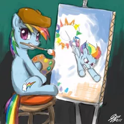 Size: 1024x1024 | Tagged: safe, artist:johnjoseco, derpibooru import, edit, rainbow dash, earth pony, pegasus, pony, ask gaming princess luna, brush, canvas, cute, easel, female, mare, paint, photoshop, simple background, smiling, solo, sonic rainboom, wingless, wingless edit