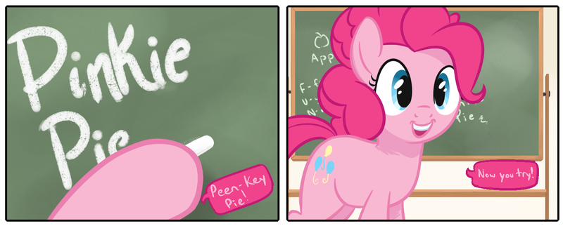 Size: 1500x604 | Tagged: safe, artist:tex, derpibooru import, pinkie pie, earth pony, pony, chalk, chalkboard, cropped, cute, dialogue, diapinkes, hoof hold, open mouth, solo, speech bubble